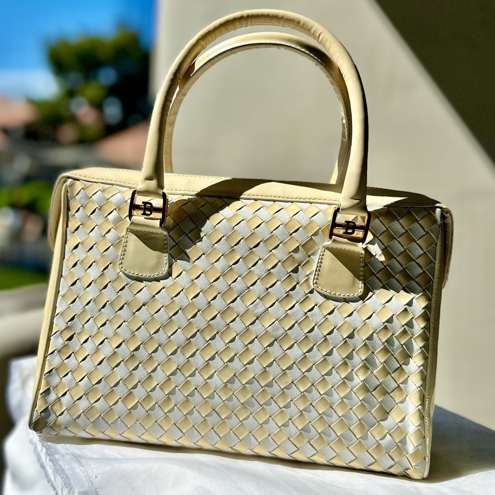 BALLY Woven Leather Satchel Cream Ivory Top Handle Italy - Picture 3 of 13